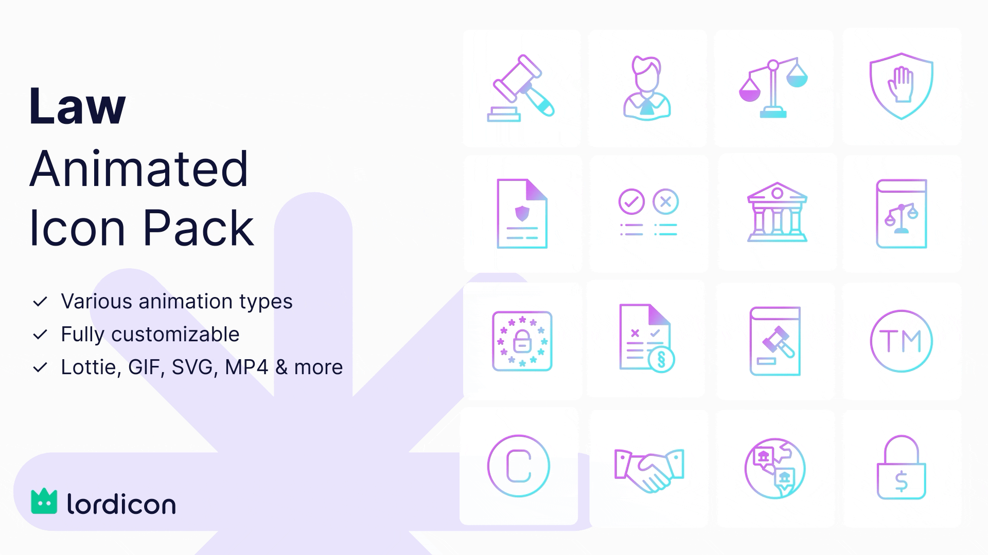 Law animated icon pack featuring legal, justice, security, compliance, contract, court, and agreement icons by Lordicon.