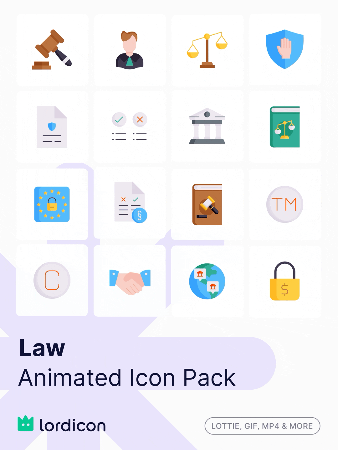 Law animated icon pack featuring legal, justice, security, compliance, contract, court, and agreement icons by Lordicon.