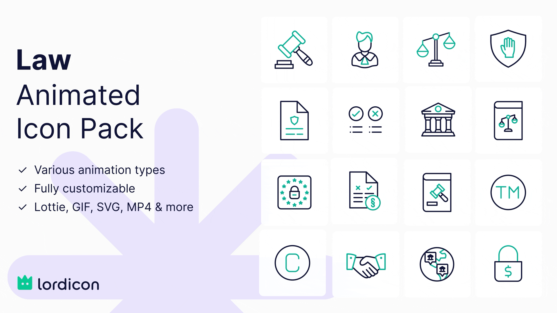 Law animated icon pack featuring legal, justice, security, compliance, contract, court, and agreement icons by Lordicon.