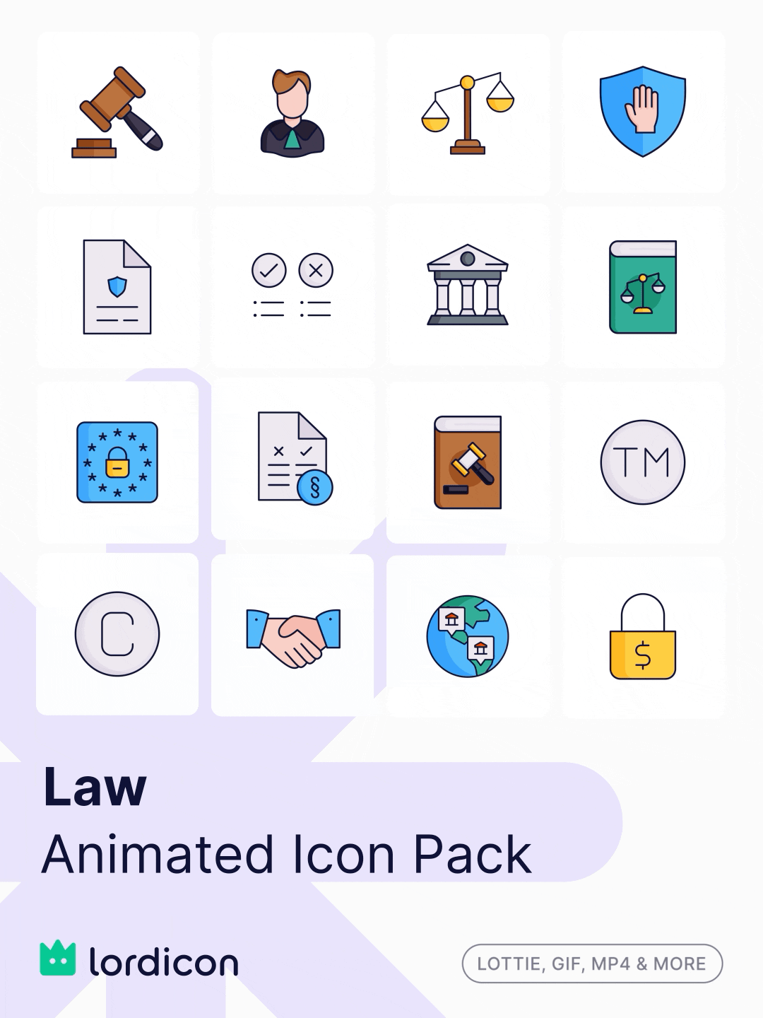 Law animated icon pack featuring legal, justice, security, compliance, contract, court, and agreement icons by Lordicon.