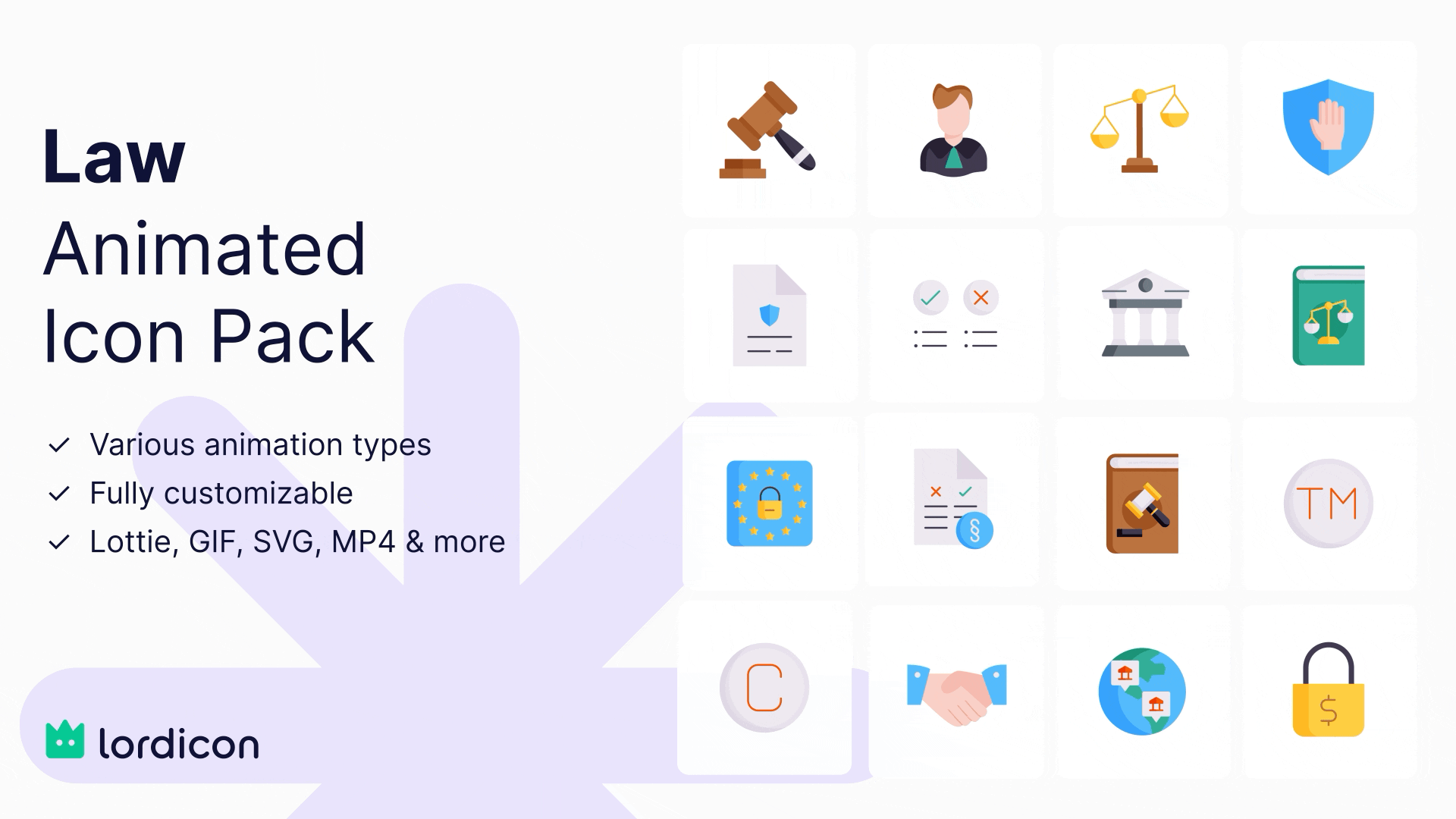 Law animated icon pack featuring legal, justice, security, compliance, contract, court, and agreement icons by Lordicon.