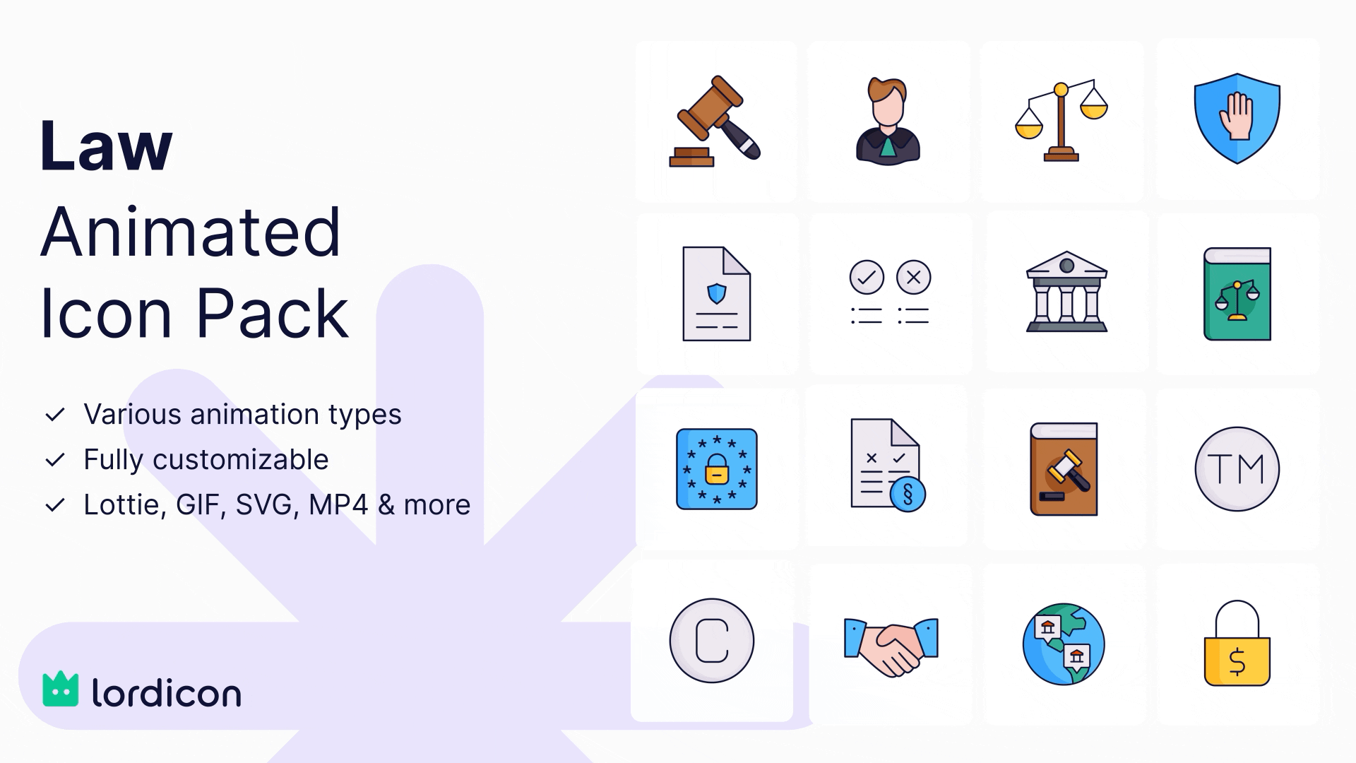 Law animated icon pack featuring legal, justice, security, compliance, contract, court, and agreement icons by Lordicon.