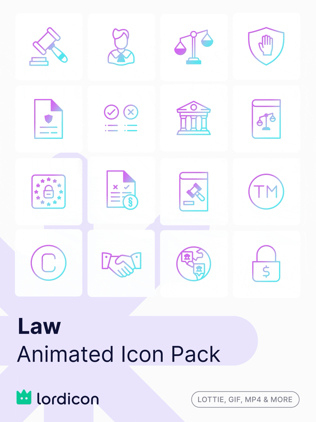 Law animated icon pack featuring legal, justice, security, compliance, contract, court, and agreement icons by Lordicon.