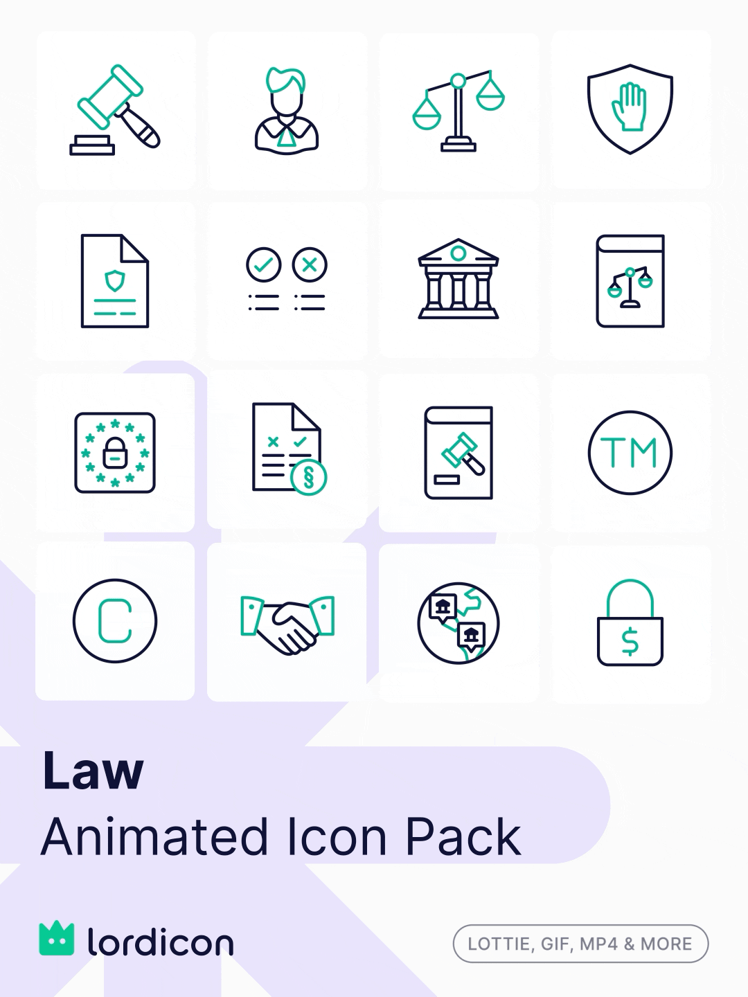 Law animated icon pack featuring legal, justice, security, compliance, contract, court, and agreement icons by Lordicon.